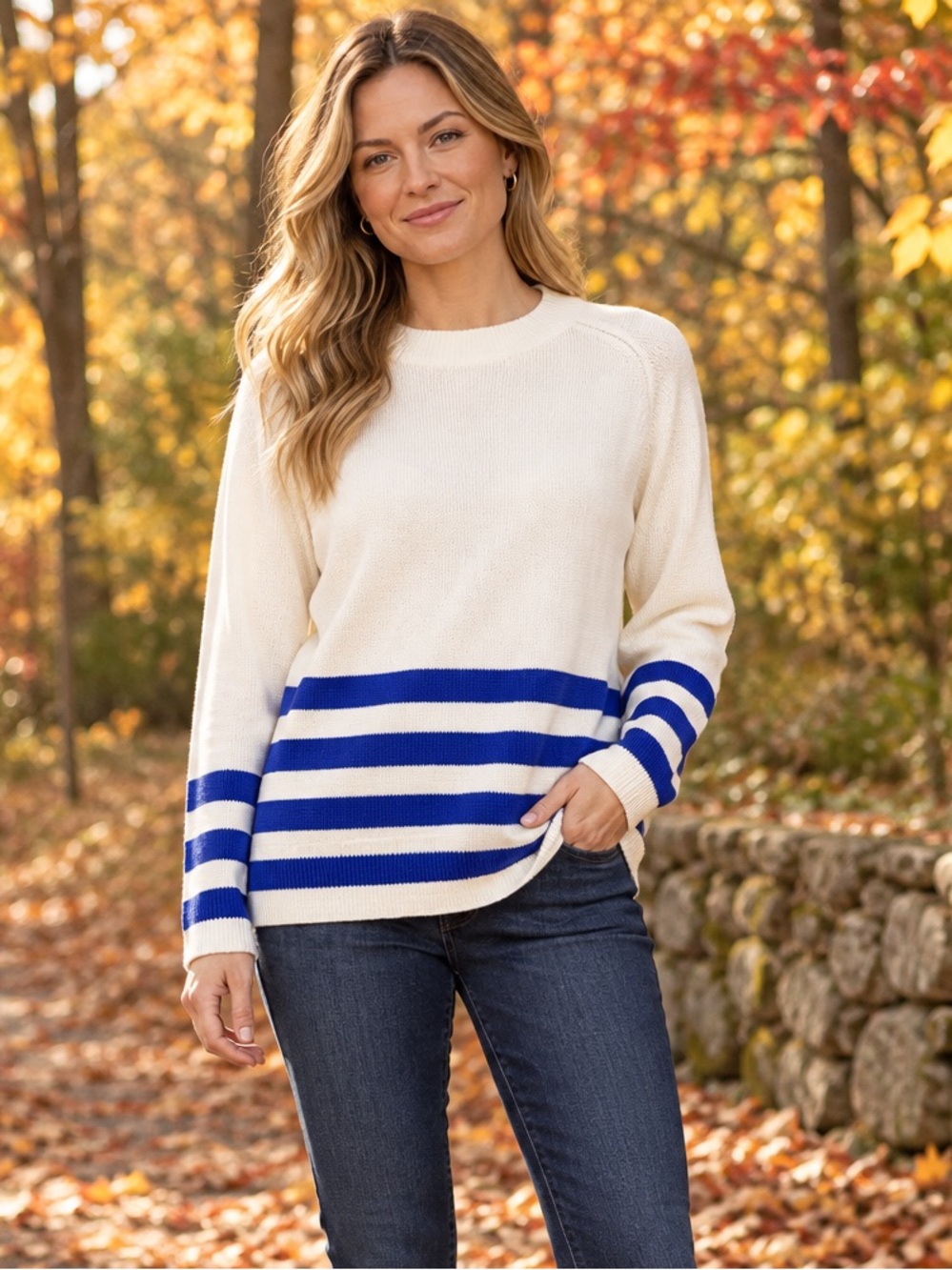 Liz Claiborne Women’s Large White Blue Striped Crewneck Sweater NWT